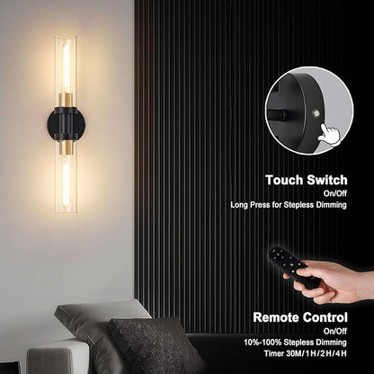 Battery Operated Wall Sconce Set of 2, 12000mAh Rechargeable Wall Lights with Remote Control, Wireless Dimmable Wall Lamps for Bedroom Living Room Bathroom Hallway Stairwell, Black & Gold