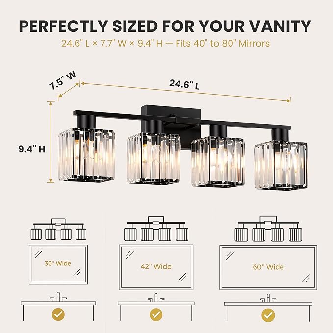 Crystal Bathroom Light Fixtures, 4-Light Matte Black, Vanity Lights for Bathroom Over Mirror, Modern Bath Wall Sconce for Mirror Bedroom Living Room