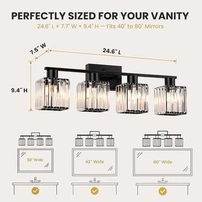 Crystal Bathroom Light Fixtures, 4-Light Matte Black, Vanity Lights for Bathroom Over Mirror, Modern Bath Wall Sconce for Mirror Bedroom Living Room