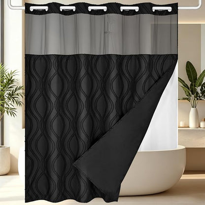 Yinhua No Hook Shower Curtain with Snap in Liner Set, 71" W×74" L, Black | Hotel Style with See Through Top Window, Washable Waterproof, Tufted Textured, Hookless Curtain for Bathroom Bathtub