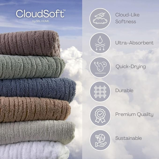 SKL Home CloudSoft Washcloth Set, 4-Piece, 100% Cotton Luxury, Clay | Premium spa-level quality. 520 GSM weight. Ultra plush & absorbent.