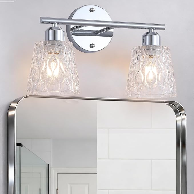 Chrome 2 Light Bathroom Vanity Lights with Textured Glass Shades, E26 Sockets, Bathroom Light Fixtures Over Mirror, Modern Lighting Fixtures Wall Lamp Vanity Lights