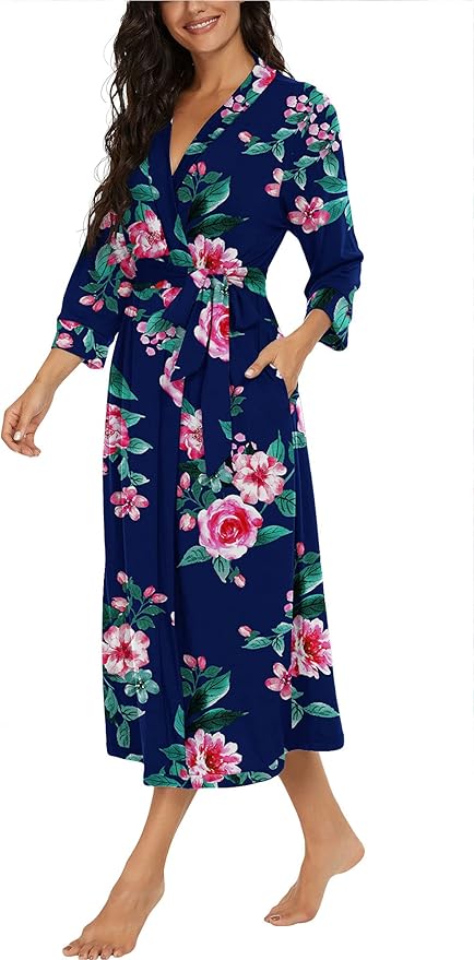 VINTATRE Women Kimono Robes Long Knit Bathrobe Lightweight Soft Knit Sleepwear V-neck Casual Ladies Loungewear