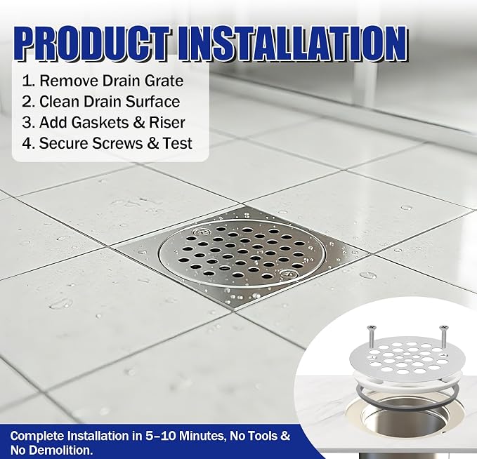 Drain Height Extension Kit, Universal Fit for 2-1/2" to 3" Floor Drains | Adjustable 1/4"–1/2" Riser with Leak-Proof Sealing Gaskets for Shower, Bathroom, Kitchen & Laundry Room Renovations