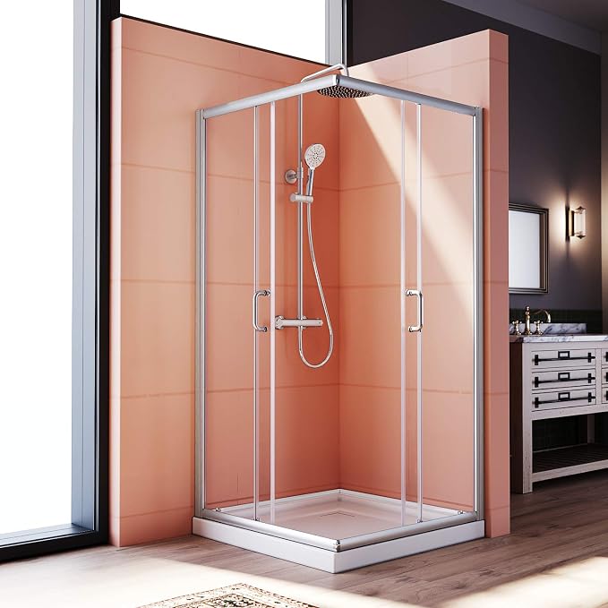 ELEGANT Corner Shower Enclosure 34'' D. x 34'' W. x 72'' H., Double Sliding Shower Door with 2 Stationary Panels, Shower Enclosure with 1/4'' Clear Glass, Brushed Nickel