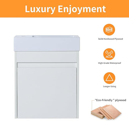 18 Inch Bathroom Vanity with Sink,Wall Mounted Bathroom Vanity Sink Combo with Soft Close Door for Small Space,Modern Floating Bathroom Vanity with Top Basin & Storage Cabinet,White