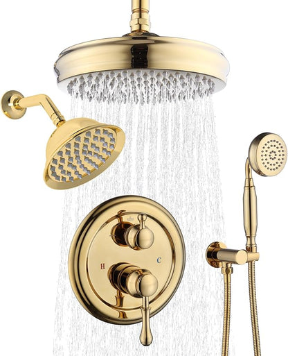 Enga Antique Dual Shower Head Faucet Set - 8" Ceiling Mount Rain Shower & 6" Wall-Mounted Vintage Rainfall + Handheld Spray Combo, Bright Gold