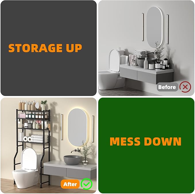 4-Tier Over Toilet Storage with Anti-Tilt Safety System - 150lb Total Capacity Metal Bathroom Shelves Including Paper Holder & 4 Hooks, Space Saving Above Commode Organizer (64" H, Black)