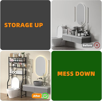 4-Tier Over Toilet Storage with Anti-Tilt Safety System - 150lb Total Capacity Metal Bathroom Shelves Including Paper Holder & 4 Hooks, Space Saving Above Commode Organizer (64" H, Black)