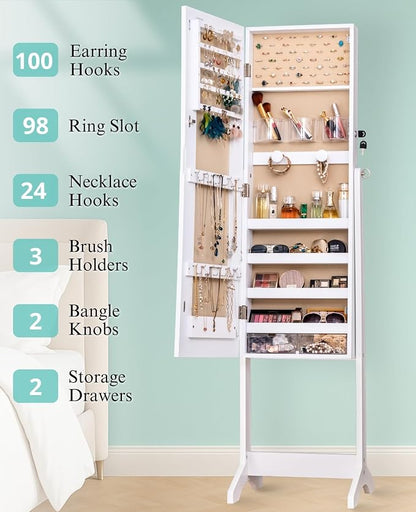 LUXFURNI Standing Jewelry Armoire Cabinet with Full‑Length Mirror Storage | 3‑Color LED Lights, 3 Brush Holders, 3 Adjustable Tilt Angles, True‑to‑View Glass, USB‑Powered Supply, Lockable Design