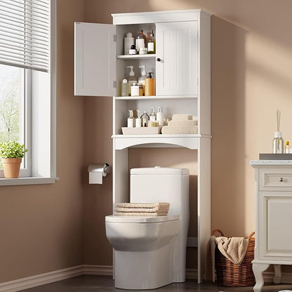 Gizoon Over the Toilet Storage Cabinet with Adjustable Shelf, White | Bathroom Space Saver Organizer Above Toilet with Open Shelf and Double Doors, Taller Wooden Free Standing Toilet Rack