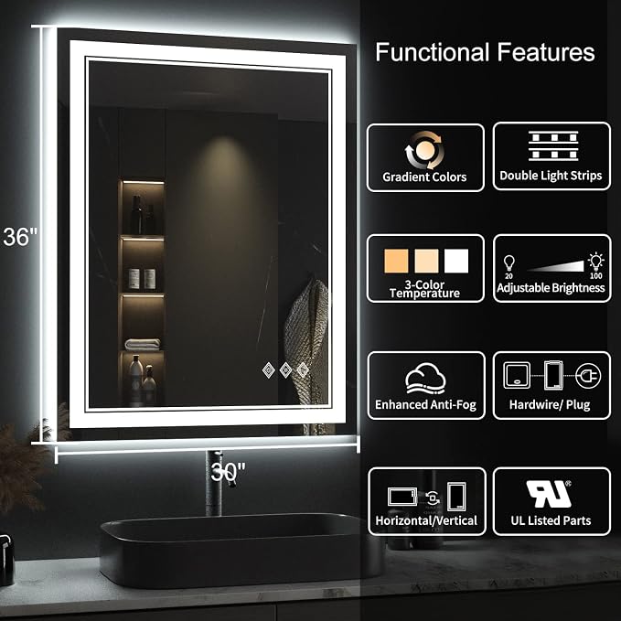 Lighted Mirror, 30x36 Inch Gradient Front and Backlit LED Mirror, 3 Colors Dimmable CRI>90 Double Lights, IP54 Enhanced Anti-Fog, Hanging Plates Wall Mount LED Bathroom Mirror