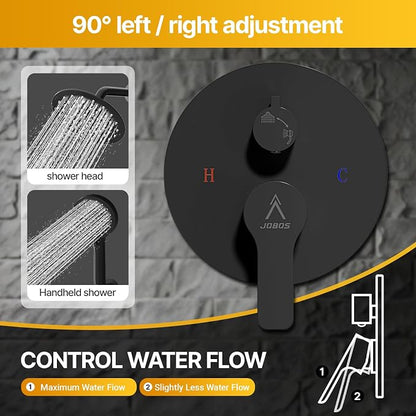 Shower Faucet Set 12IN Brass Rough-In Valve Body Trim Kit Rainfall Included Handle Accessories Complete 2 Functions with Rain Head and Handheld Bathroom Systems (12'', Matte Black)