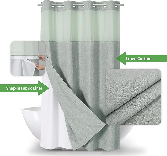 eachope No Hook Fabric Shower Curtain with Snap-in Liner,60x74 Sage Green | Linen Texture,230GSM Thick Fabric,Hotel Luxury Decor,Mesh Window,Waterproof & Machine Washable,for Shower Stall or Bathroom