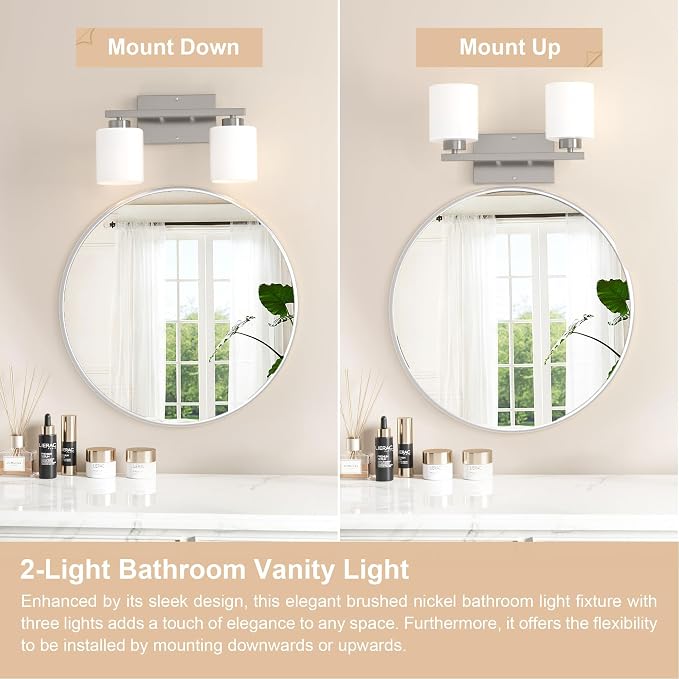 Honesorn Bathroom Vanity Light, 2 Light, Brushed Nickel, Frosted Shades | Bathroom Light Fixtures Over Mirror, Modern Bathroom Lights ,Wall Sconces, Anti-Rust, E26 Socket (Bulbs Not Included)