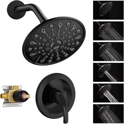 EMBATHER Shower Faucet with Valve, Single Handle Control Shower Valve and Trim Kit, Bathroom Rainfall Shower System with 6 Inch Shower Head, Matte Black