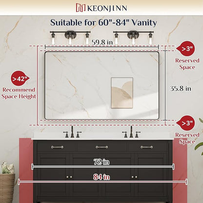 Keonjinn 60 x 36 Inch Brushed Nickel Bathroom Vanity Mirror, Tempered Glass | Rounded Rectangle Vanity Mirror, Silver Bathroom Mirrors for Over Sink, Rust-Resistant Aluminum Frame, French Cleat Mount
