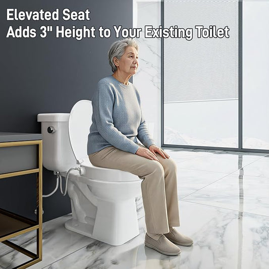 BIGCOW Raised Toilet Seat with Bidet - Round, Soft Close, 3" Height - Dual Nozzle (Frontal & Rear Wash) with Adjustable Cold Water Pressure and Stainless Steel Inlet (Round)