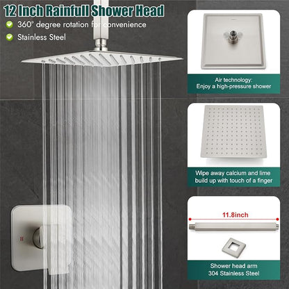 Heyalan 12-Inch Ceiling Mount Shower Faucet Set with Valve,Brushed Nickel | Rainfall shower head, ceiling-mount design, SUS304 steel, adjustable angle, single-handle control