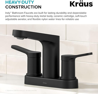 KRAUS Indy Centerset Bathroom Faucet in Matte Black with 2 Handles, Pop Up Drain and Supply Lines, FUS-14102MB