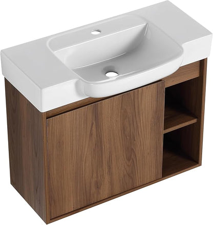 28" Floating Bathroom Vanity with Sink Combo,28 Inch Floating Vanity,Modern Single Sink Bathroom Vanity Combo,Brown Wall Mounted Cabinet Set
