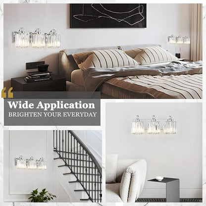 3-Light Modern Bathroom Light Fixture Chrome Vanity Lights Over Mirror Wall Sconce Lighting with K9 Crystal Shades Bathroom Wall Lamp E26 Base for Bedroom, Living Room, Hallway, Cabinet