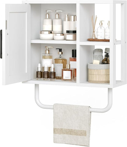 Medicine Cabinet, Bathroom Wall Cabinet with Towel Bar, Over The Toilet Storage Cabinet with Adjustable Shelf and Open Partition, for Bathroom, Laundry Room, Living Room, Kitchen, White