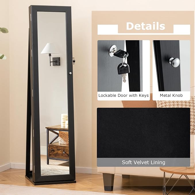 CHARMAID Jewelry Armoire Cabinet with 62" Tall Full Length Mirror, Lockable Standing Jewelry Organizer with Large Storage Capacity, Inside Makeup Mirror, Stable Base, Easy Assembly (Black)