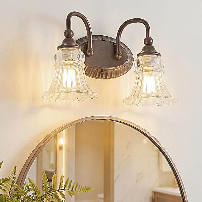 2-Light Vintage Bathroom Light Fixtures, Oil Rubbed Bronze | Vanity Lights Over Mirror with Floral Glass Shade for Bathroom Powder Room, Living Room Hallway