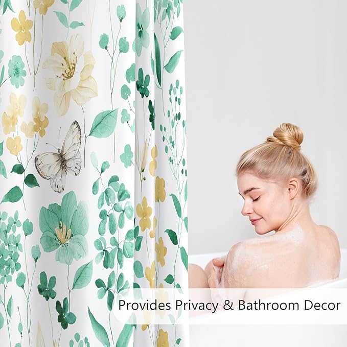 Mint Green Floral Shower Curtain, Cute Flower Fabric Shower Curtains for Bathroom, Watercolor Wildflower Butterfly Cloth Shower Curtain Set with Hooks, 72x72