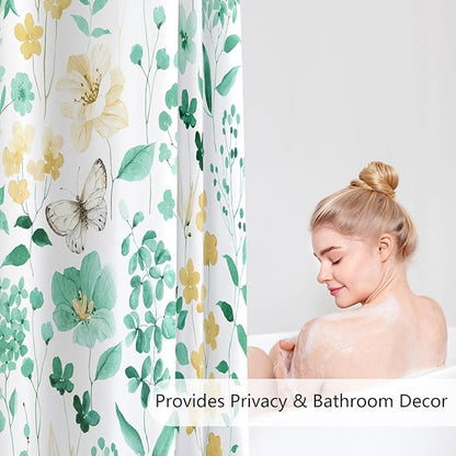 Mint Green Floral Shower Curtain, Cute Flower Fabric Shower Curtains for Bathroom, Watercolor Wildflower Butterfly Cloth Shower Curtain Set with Hooks, 72x72