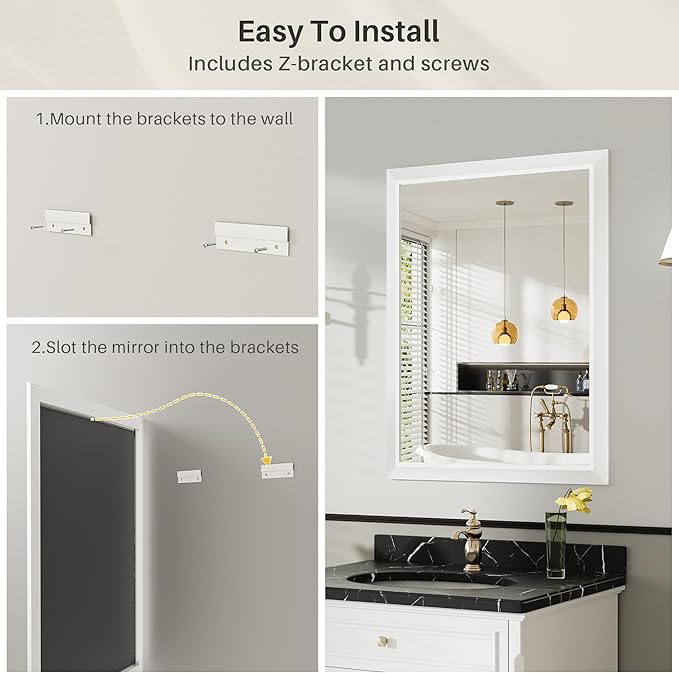 36x30 Inch White Bathroom Mirror for Wall, Thick Metal Framed Rectangle Mirrors for Over Sink, Bedroom, Living Room, Entryway, Anti-Rust, HD Tempered Glass