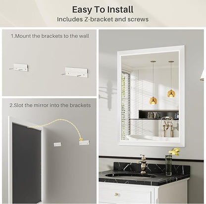 28x36 Inch White Bathroom Mirror for Wall, Thick Metal Framed Rectangle Mirrors for Over Sink, Bedroom, Living Room, Entryway, Anti-Rust, HD Tempered Glass
