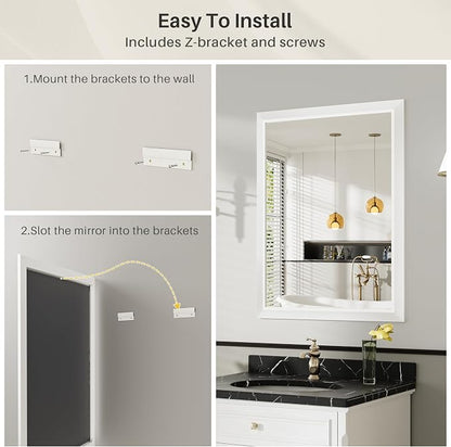 Bathroom Wall Mirror, White Metal Frame, 24x32 Inch | Anti-rust, HD tempered glass, for bathroom vanity, bedroom, living room, horizontal or vertical mount