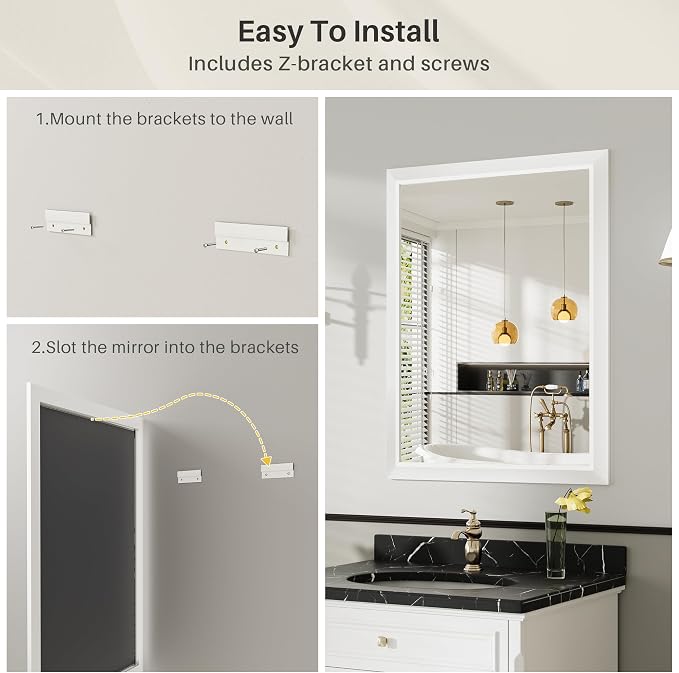 Bathroom Wall Mirror, White Metal Frame, 36x30 Inch | Anti-rust, HD tempered glass, for bathroom vanity, bedroom, living room, horizontal or vertical mount