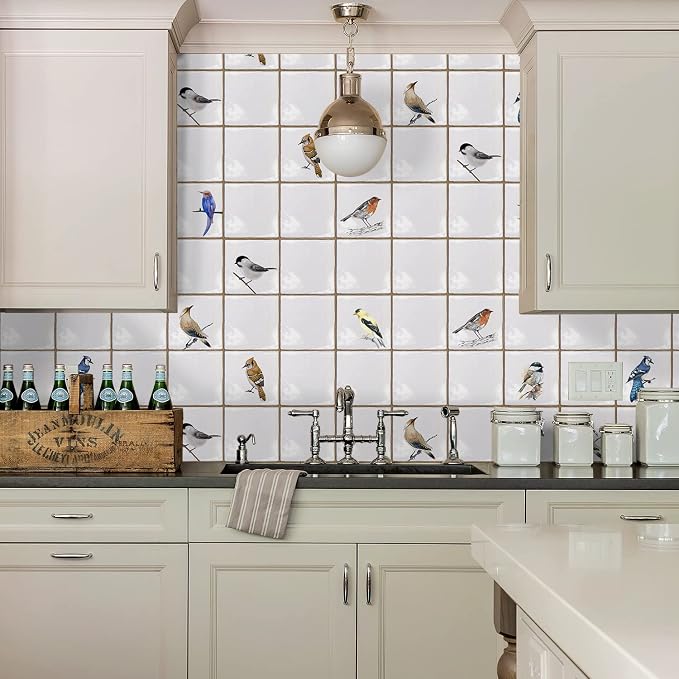 Alwayspon Vinyl Sticker Peel and Stick, Self-Adhesive Wall Tile Transfers Backsplash Sticker Decal for Kitchen Bathroom, 6x6inch/15x15cm 30Pcs, Birds T032
