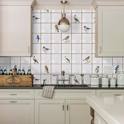 Alwayspon Vinyl Sticker Peel and Stick, Self-Adhesive Wall Tile Transfers Backsplash Sticker Decal for Kitchen Bathroom, 6x6inch/15x15cm 30Pcs, Birds T032