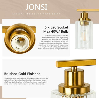 Jonsi Gold 5-Light Bathroom Vanity Light with Glass Shade, Modern Gold Bathroom Lights Over Mirror, W 40.2 x H 10.7 inches
