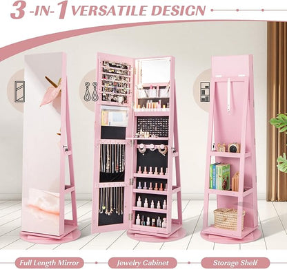 GOFLAME 360° Rotating Jewelry Cabinet with Full-Length Mirror, Freestanding Jewelry Armoire with 3-Color LED Light and Back Storage Shelf, Lockable Jewelry Organizer for Bedroom Cloakroom, Pink