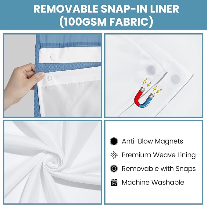 SORTTO No Hook Shower Curtain with Snap in Liner Set Waffle Shower Curtain for Bathroom Hotel Style Fabric Waterproof Inner Liner，71" W x 74" H, Sky Blue