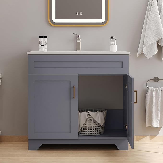 Bathroom 36" Vanity with Ceramic Sink, Wooden Double Door Bathroom Storage Cabinet, Freestanding Cabinet Vanity with Sink (Paint, Grey,36")