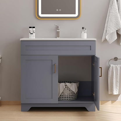 Bathroom 36" Vanity with Ceramic Sink, Wooden Double Door Bathroom Storage Cabinet, Freestanding Cabinet Vanity with Sink (Paint, Grey,36")