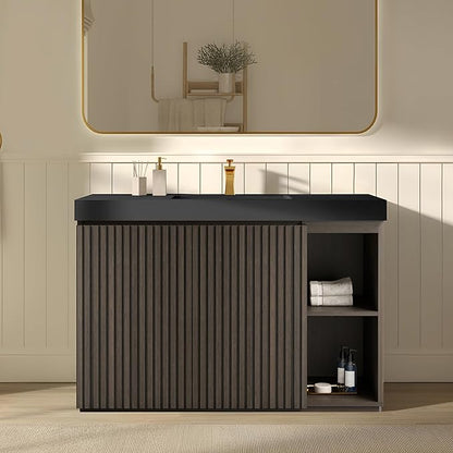 48" Bathroom Vanity with Sink, Freestanding Single Sink Bathroom Vanity with Black Engineered Stone Top & Open Side Storage, Soft-Closing Doors with Adjustable Shelf, Smoked Oak Brown
