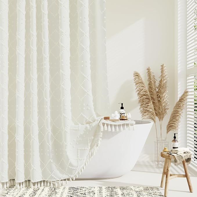 Extra Long Boho Shower Curtain Tufted Geometric 72"x96" Cream | 96 Inch Tall, Elegant Tassel, Lightweight Textured Fabric, Water Repellent, Washable, Hotel Spa, for Bathroom/Dorm 12 Hooks