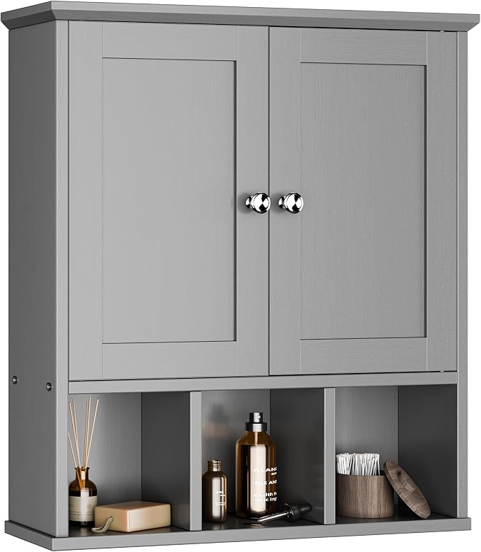 Bathroom Wall Cabinet, Bathroom Cabinet Wall Mount with 2 Doors and 3 Open Shelves, Over The Toilet Wood Medicine Cabinets for Laundry Room, Grey