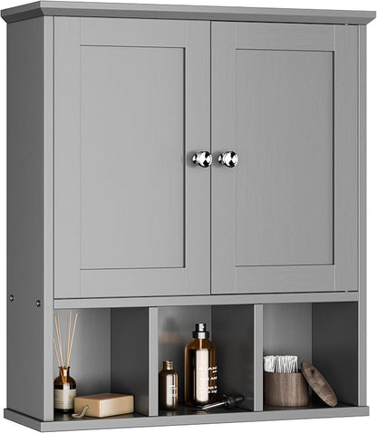 Bathroom Wall Cabinet, Bathroom Cabinet Wall Mount with 2 Doors and 3 Open Shelves, Over The Toilet Wood Medicine Cabinets for Laundry Room, Grey