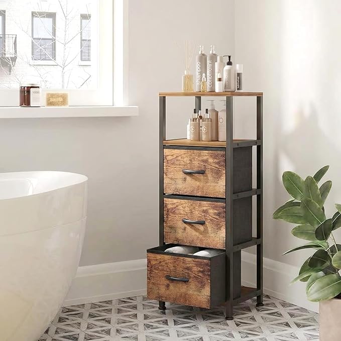 4-Tier Bathroom Floor Cabinet - Free-Standing Corner Storage Organizer, Rustic Brown Narrow Bathroom Storage Cabinet for Living Room, Bathroom