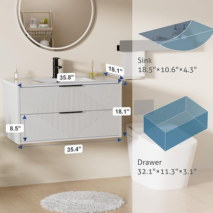 LUCKWIND 36" Floating Bathroom Vanity with Sink Combo, Wall Mounted Floating Cabinet with 2 Large Soft-Close Drawers & Water Saving Faucet, Geometric Textured Design in White