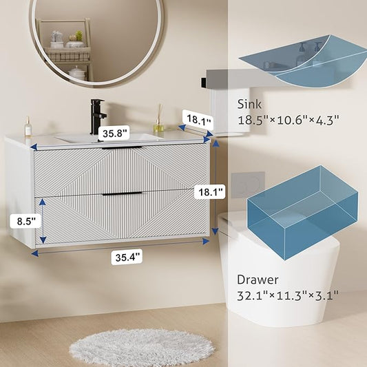 LUCKWIND 36" Floating Bathroom Vanity with Sink Combo, Wall Mounted Floating Cabinet with 2 Large Soft-Close Drawers & Water Saving Faucet, Geometric Textured Design in White