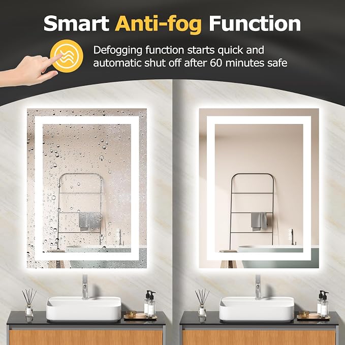 Hivone 24"X32" LED Bathroom Mirror with Lights, Anti-Fog, Dimmable, Backlit + Front Lit, Smart Bathroom Vanity Mirror, Memory Function, Shatterproof, Tempered Glass (Horizontal/Vertical)